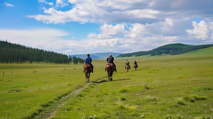 Fototapeta premium A Visual Feast: New Year Decorations Adorn the Grassland Horseback Riding Scenery in Stunning Images Against the vast, rolling grasslands, where riders gallop freely on horseback under the open sky, v