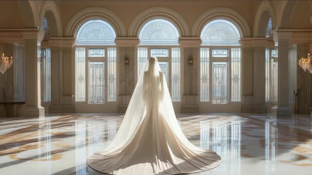 Muslim woman in hijab. Mannequin bride in wedding white festive dress and hijab. Modesty. Religion Islam. Wedding and engagement. A woman in a white gown stands in a large, empty room. The room is dec