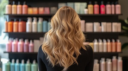 Woman with long wavy hair is admiring various hair care products displayed on shelves in a modern beauty salon, showcasing vibrant colors and textures