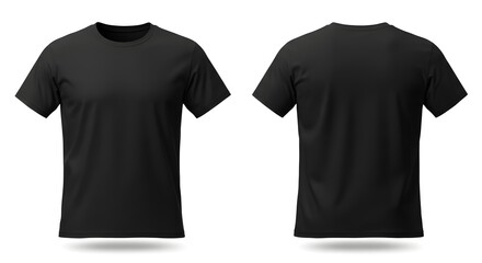 Black t-shirt mockup with front and back views on a white background, ideal for apparel design and branding presentation.