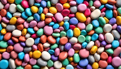 a close up of a collection of round candy pieces with various colors, shapes, and sizes. they are arranged in an organized manner against a contrasting backdrop