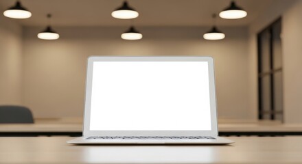 Fototapeta premium Laptop Computer on Desk in Modern Conference Room with Overhead Lighting