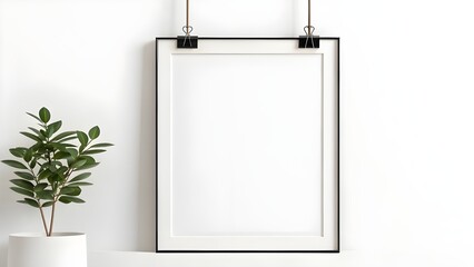 Mockup Empty white framed poster hanging on a white wall,  with a small plant nearby.