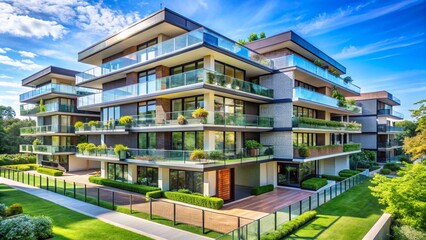 Obraz premium Modern urban residential apartment building in Barcelona with balconies, large windows, and a blue sky background