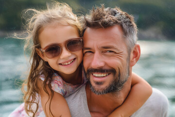 Obraz premium Smiling father and daughter enjoying a sunny day outdoors by the water, sharing a joyful and loving moment together