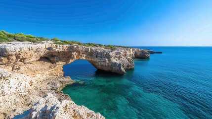 Fototapeta premium Stunning coastal view featuring rugged rock formation arching over clear turquoise waters, surrounded by lush greenery
