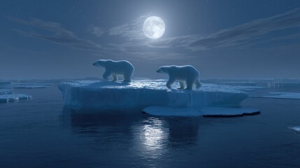 Naklejka premium Polar bears navigating a glowing ice island beneath a pale moon