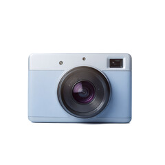 Blue and white camera with a lens
