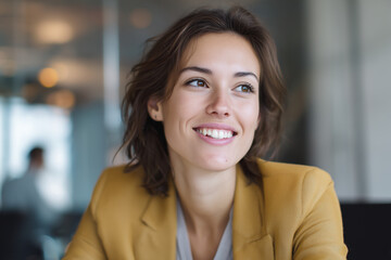 Obraz premium Confident young woman smiling and looking away, dressed in a mustard blazer in a modern office environment