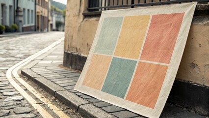 Abstract geometric art canvas leaning against an urban building, showcasing a colorful and modern design for street decoration