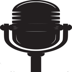 A black microphone graphic with the word voice in gray lines on a white background design art