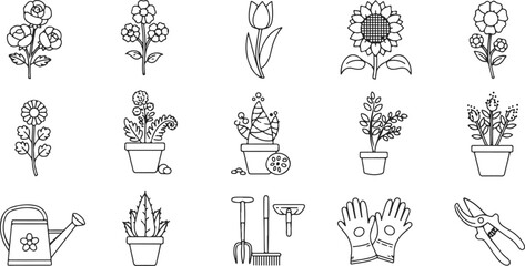 Assorted Garden and Flower Illustrations with Gardening Tools and Potted Plants Keywords: garden, flowers, illustration, plants, gardening, tools, watering can, pruning shears, rake, shovel