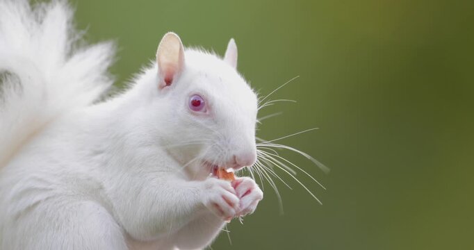Portrait of a cute albino grey squirrel eating a nut, UK.