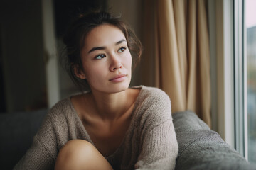 Thoughtful young woman gazing out the window while sitting on a cozy couch in a softly lit room