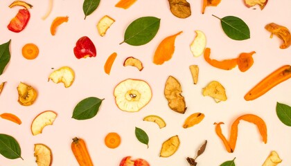 Flat-lay compostable leftovers set creatively on soft tones for promoting food waste awareness in an artistic way.