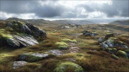 A picturesque, rolling highland landscape under a partly cloudy sky.  Moss-covered rocks and a faint path wind through low-lying vegetation, suggesting a remote, untouched environment