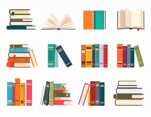 Icons of books vector set in a flat design style. Books in a stack, open, in a group,