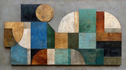 Abstract geometric shapes composition on a wall.