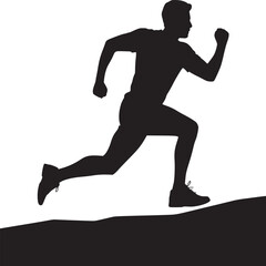 Silhouette of a man running uphill with white background and black foreground in a side view shot