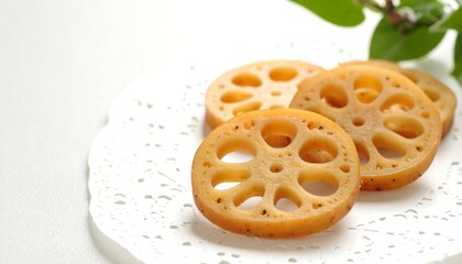 Sliced Lotus Root on Decorative Paper with Greenery, Close-Up View