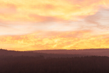 Beautiful sunset over the forest. View from the top of the mountain in Kastamonu