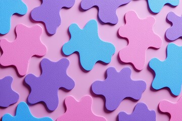 Abstract colorful pattern on a pink background with blue, pink, and purple shapes.