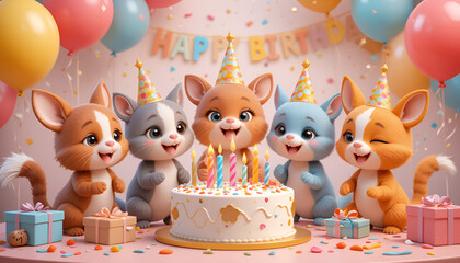 Obraz premium Charming cartoon animals celebrating birthday with cake, gifts, and balloons