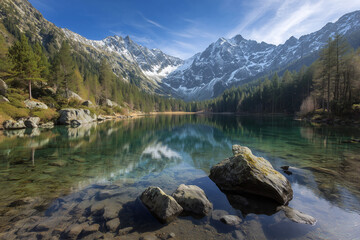 Naklejka premium Crystal Clear Mountain Lake with Snow-Capped Peaks and Pine Forests Reflecting on Calm Water