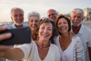 Happy group of senior friends taking a selfie together on the beach during sunset, enjoying joyful moments and friendship