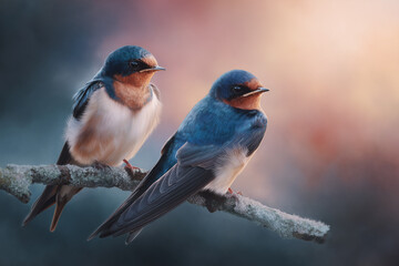 Two colorful barn swallows perched on a frost-covered branch with a soft, blurred background at sunrise