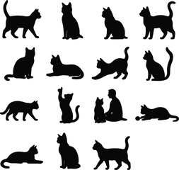 Cat and People Silhouettes Vector Set – Black Silhouettes of Cats in Various Poses Including Sitting, Standing, Playing, and Interacting with Humans – Pet and Animal Lover Theme with Elderly Couple, M