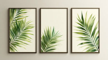 Three framed botanical prints featuring green palm leaves are displayed on neutral wall, creating serene and natural atmosphere. minimalist design emphasizes beauty of nature