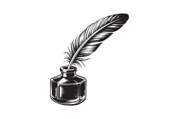 Vintage Feather Quill and Ink Bottle  Line Art