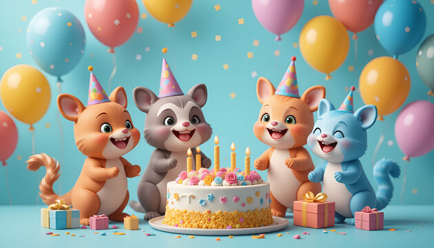 Adorable cartoon animals celebrating a birthday with cake and balloons
