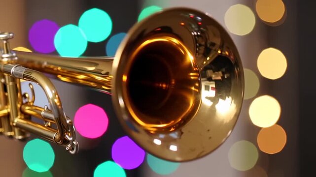 Close-up of a brass trumpet bell with bokeh lights in the background