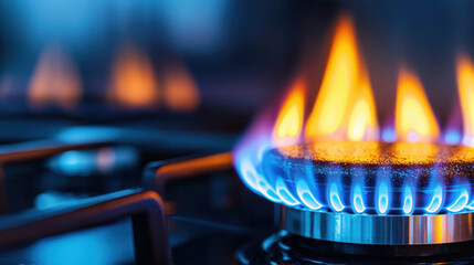 Closeup of gas stove burner with vibrant blue and orange flames, showcasing intensity of fire