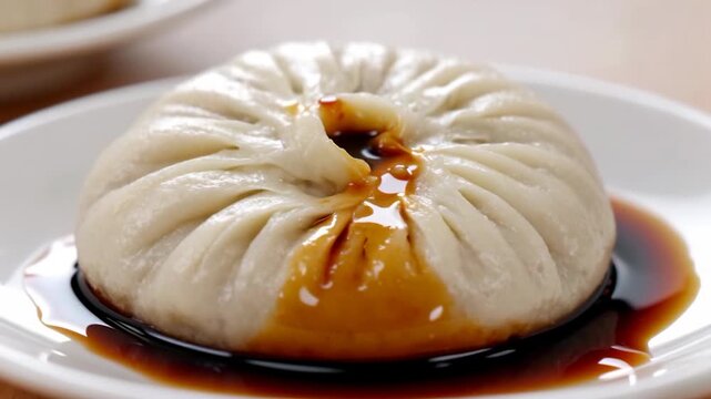 Hot soup dumpling with chopsticks and dipping sauce