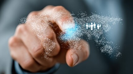 A hand points to a global network of people,  a concept of digital connection