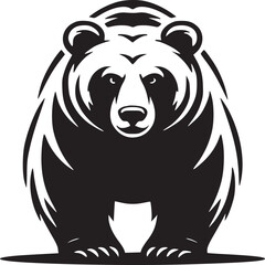 A bold black and white illustration of a standing bear with a strong and powerful presence on white