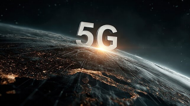 5G network spans the globe, glowing above the Earth's surface