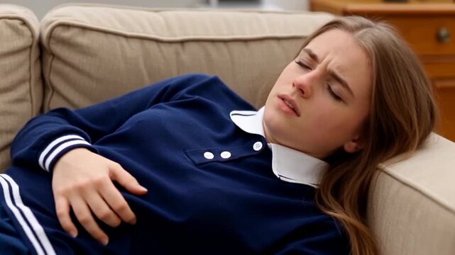 Young woman lying on a couch with a pained expression