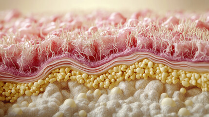 This shows detailed cross section of human skin, highlighting layers such as epidermis, dermis, and subcutaneous tissue. intricate textures and colors illustrate complexity of skin structure