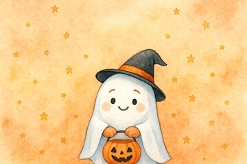 Cute ghost character in witch hat with pumpkin basket on orange starry background