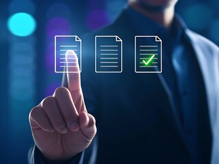 Man's finger touching digital document icons with checkmark on blurred blue background image