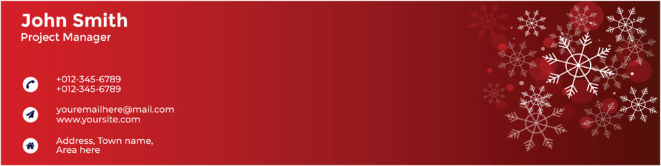 Festive red business card with snowflakes and contact details for john smith, project manager
