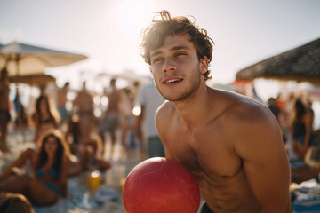 Young man enjoying a sunny beach day holding a red ball with friends and umbrellas in the background