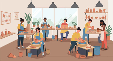 People throwing pottery on wheels in studio with shelves of finished pieces in background