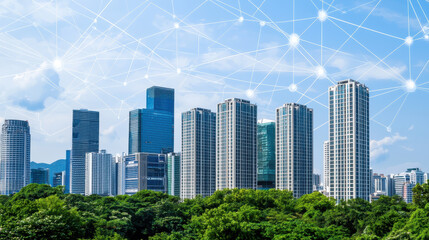 Obraz premium Transforming urban landscapes with digital connectivity, showcasing modern skyscrapers and green spaces