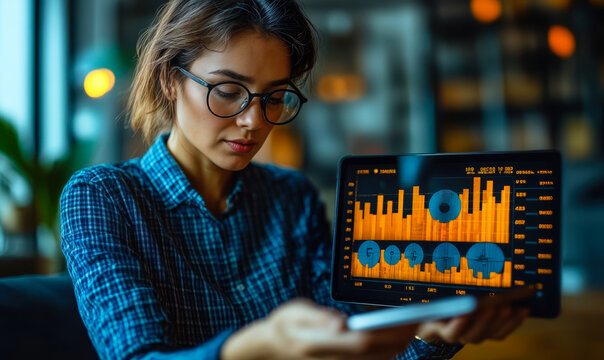 Young woman analyzing financial data and bar charts on tablet in modern office environment with focus and concentration on screen showing digital graphs and analytics - Powered by Adobe