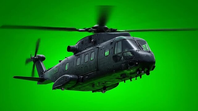 Military helicopter flying against vibrant green screen background with rotors spinning.